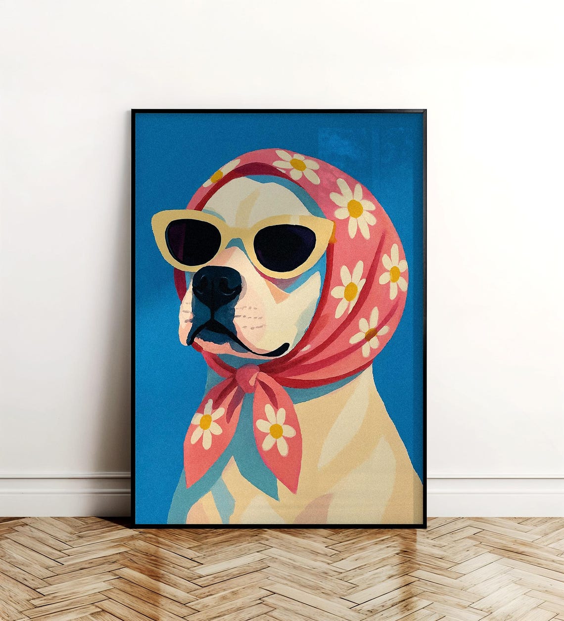 Stylish Dog in Sunglasses with Daisy Headscarf Pop Art Blue Wall Art