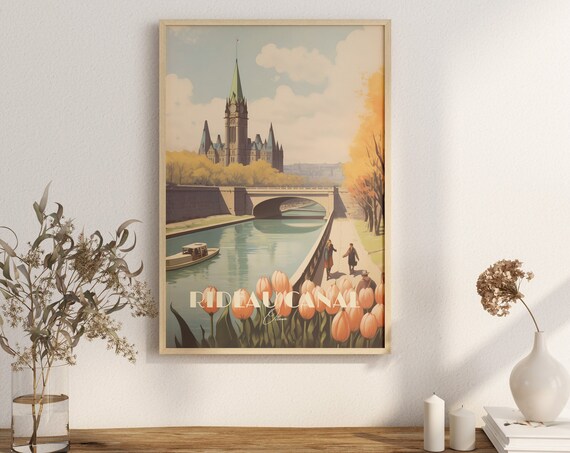 Rideau Canal Ottawa Vintage Travel Poster Parliament Tulips Autumn Scene