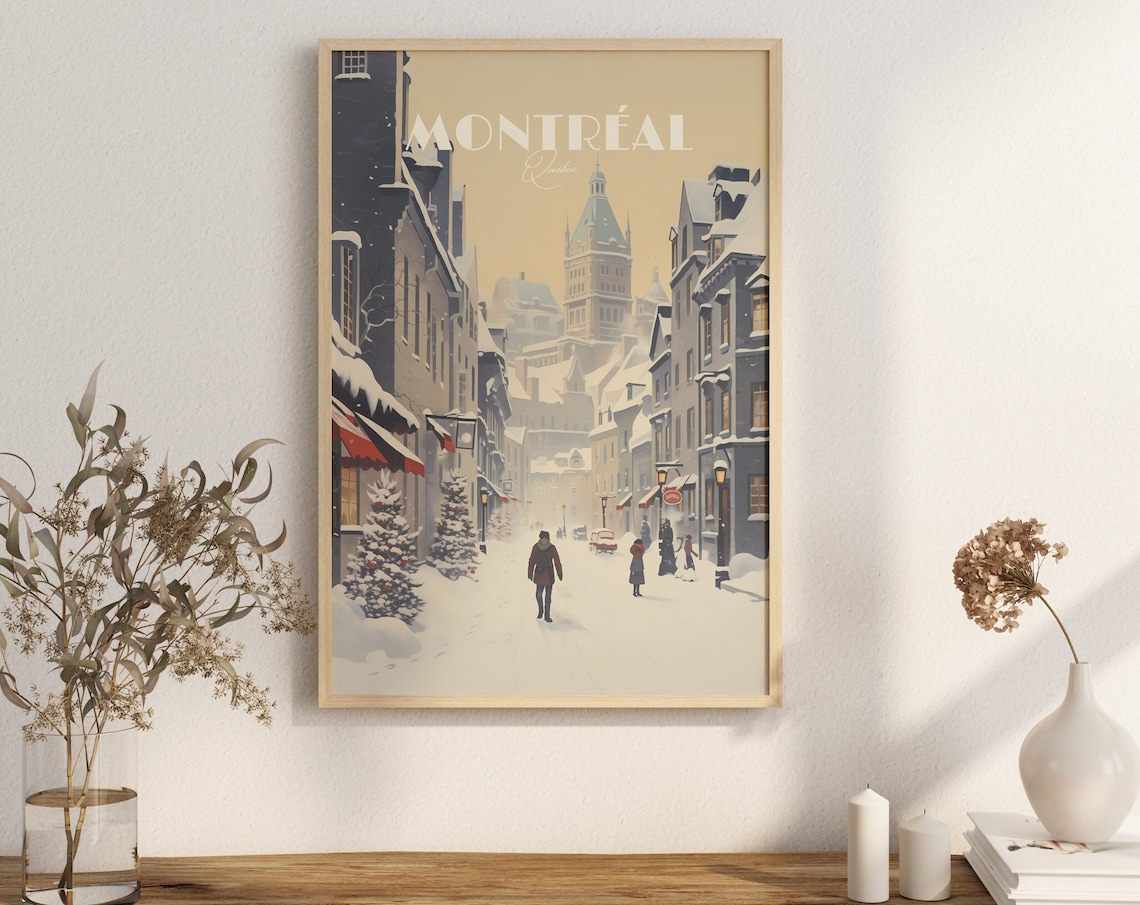 Montreal Quebec Snowy Winter Street Scene Vintage Travel Poster