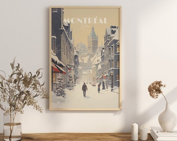 Print Montreal Old City Poster Snow Cityscape Wall Decor Historic Charm Art Vieille Ville Downtown Canada Vintage