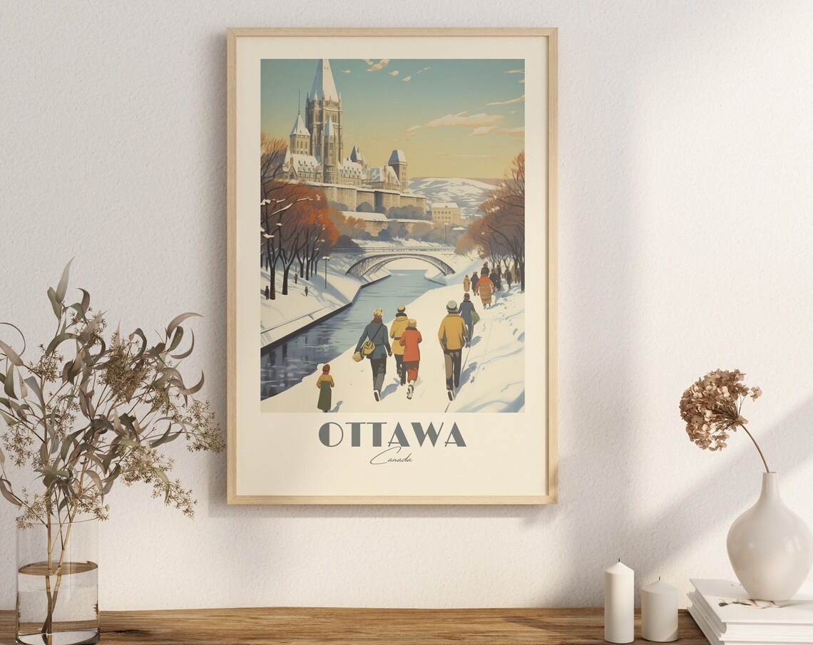 Ottawa Canada Rideau Canal Winter Parliament Vintage Travel Poster