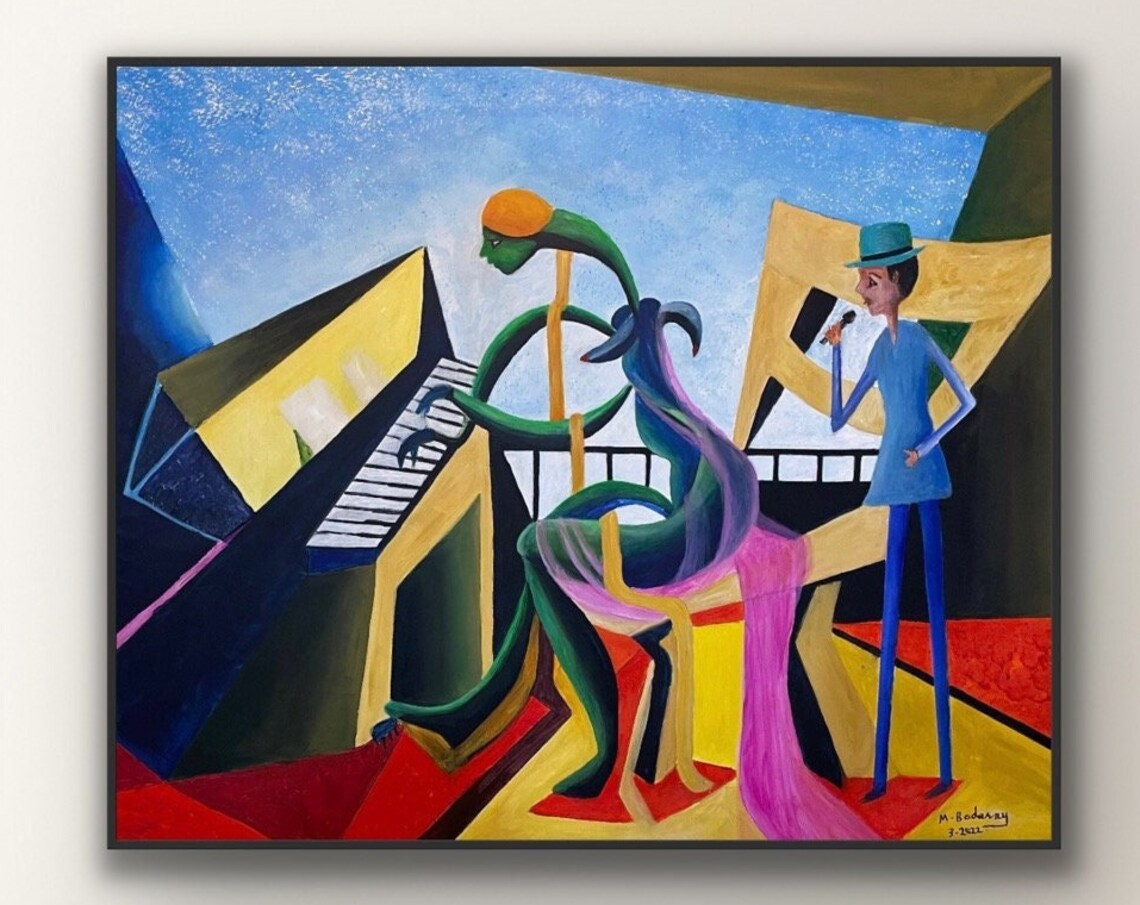 Piano Painting Oil, Modern Abstract Music Room Art