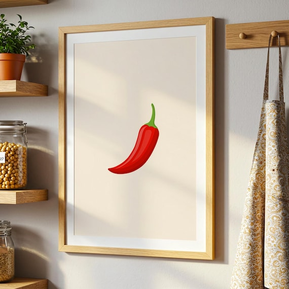 Red Chili Pepper Minimalist Kitchen Beige Background Decor Poster