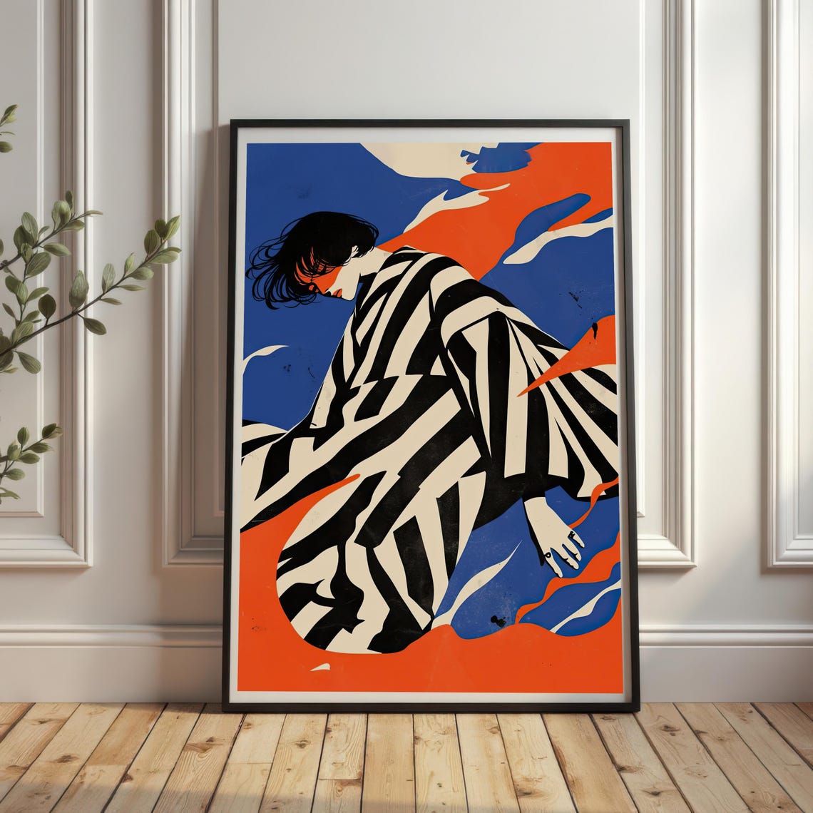 Bold Striped Robe Woman Illustration Blue Orange Modern Art Print