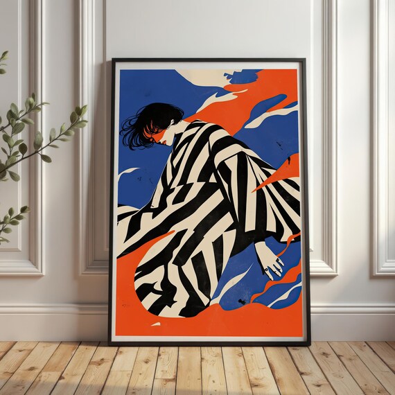 Bold Striped Robe Woman Illustration Blue Orange Modern Art Print
