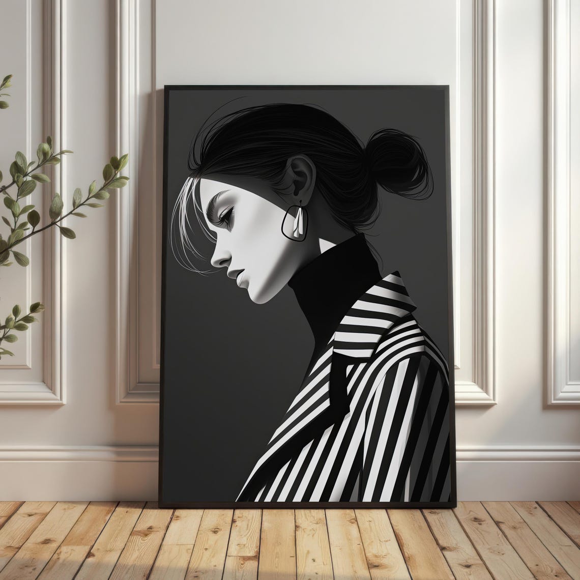 Minimalist Fashion Woman in Striped Coat Black White Art Poster