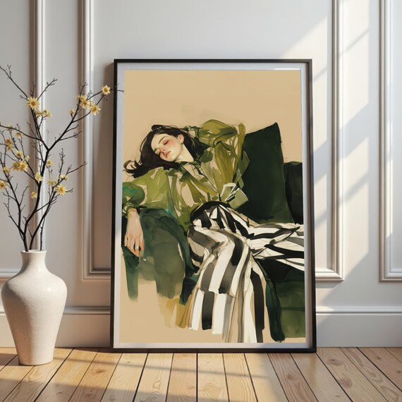 Cozy Relaxation Art Woman On Green Couch Illustration Home Wall Decor Contemporary Figure