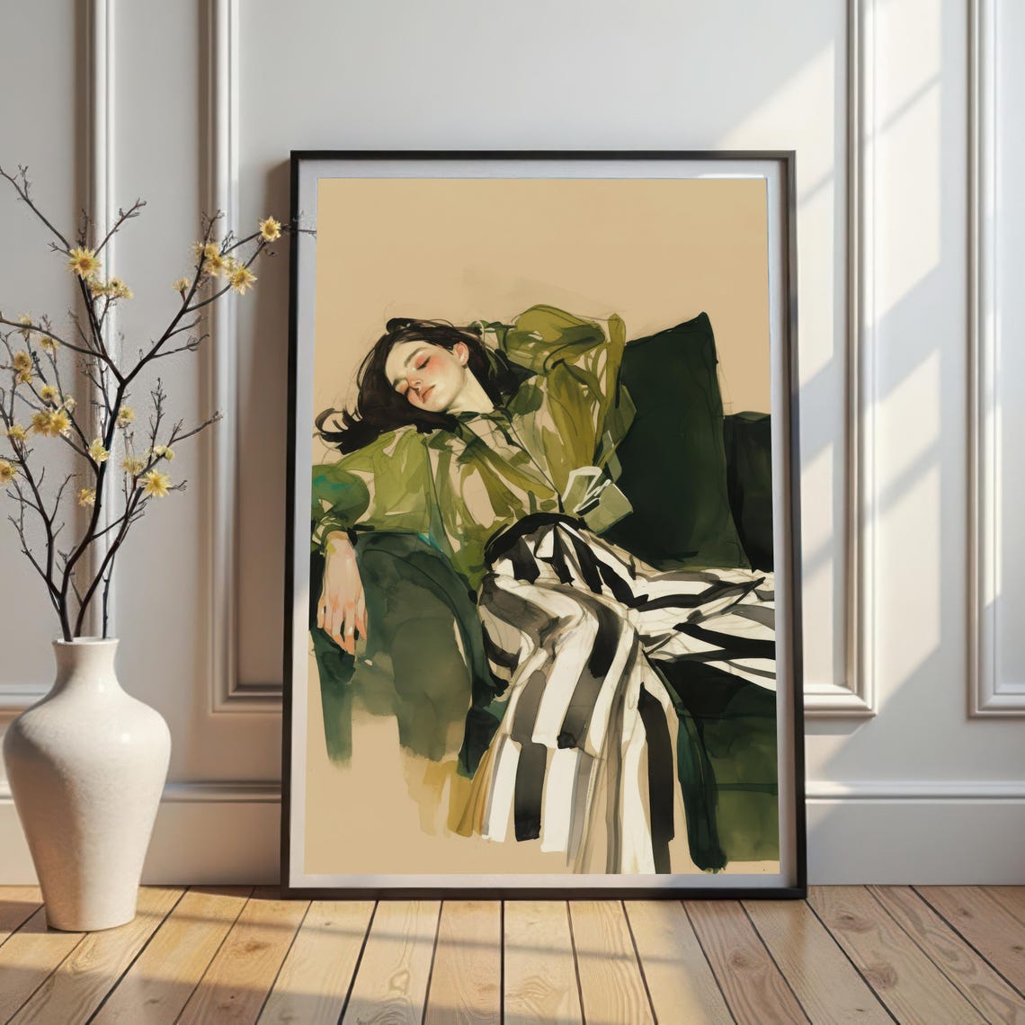 Woman Lounging on Green Couch Striped Dress Illustration Print