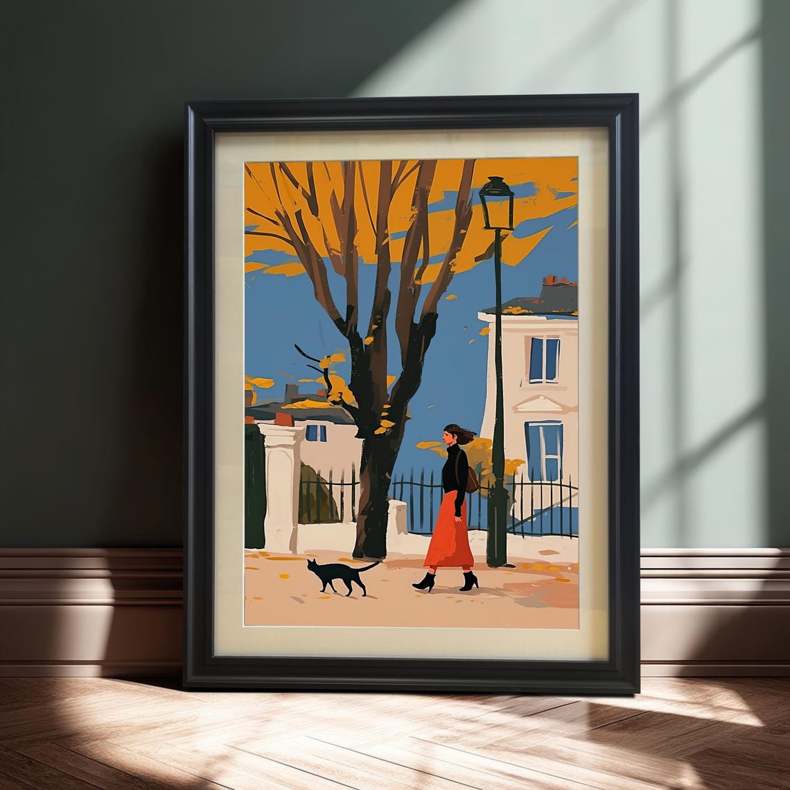 Autumn Street Stroll Woman With Black Cat Golden Tree Poster