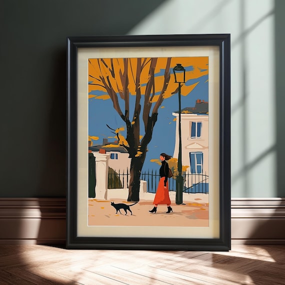 Autumn Street Stroll Woman With Black Cat Golden Tree Poster