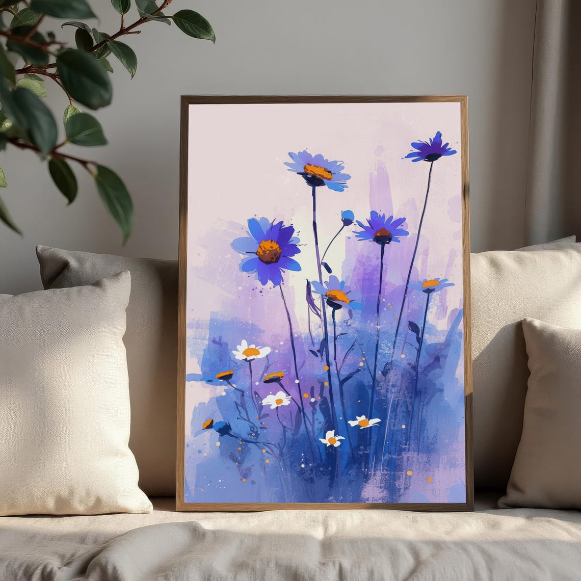 Blue and Purple Daisy Field Soft Watercolor Floral Art Print