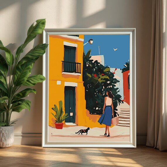 Mediterranean Street Woman And Black Cat Sunny Cityscape Poster