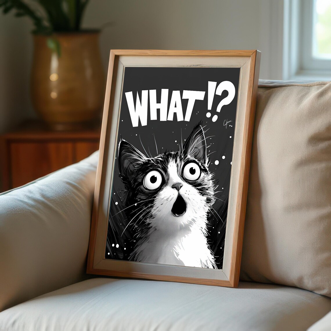 Shocked Black and White Cat Saying What Funny Animal Humor Poster