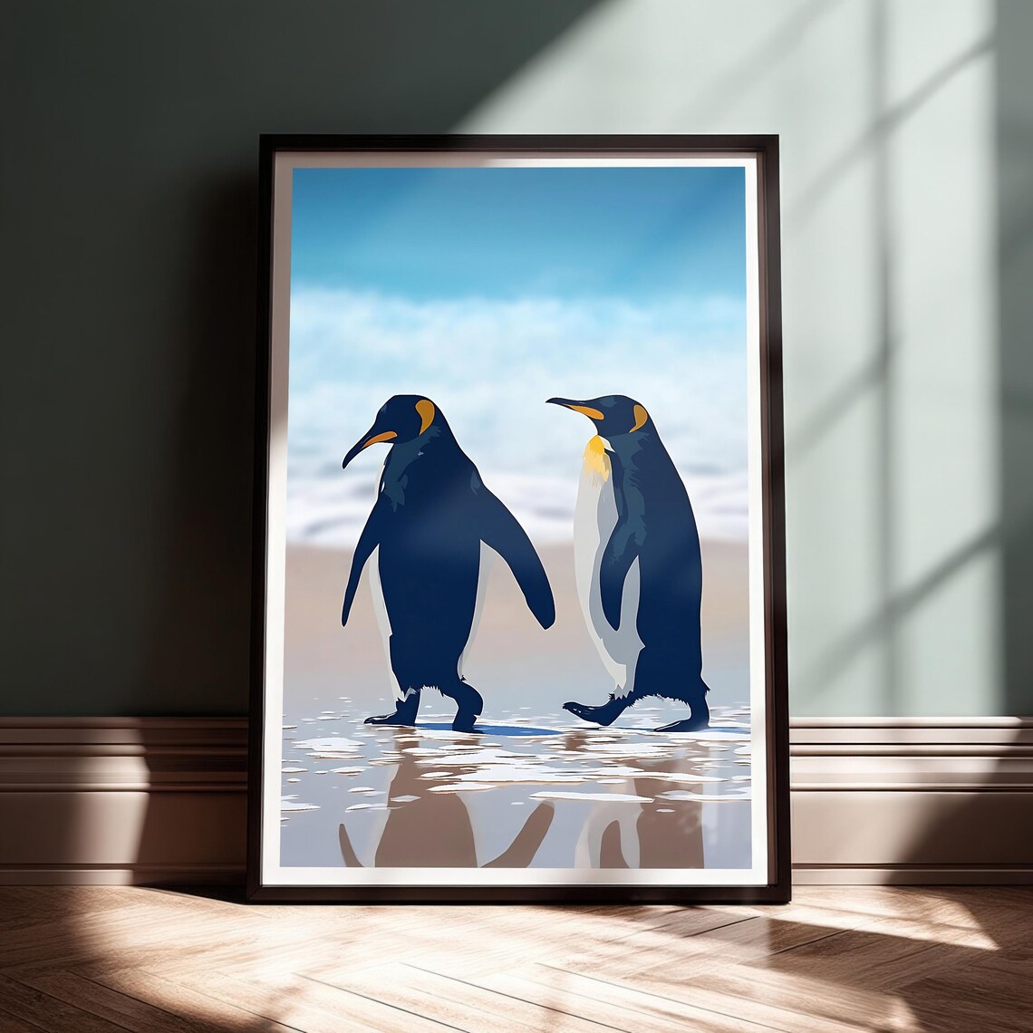 Walking Emperor Penguins, Minimalist Wildlife Illustration