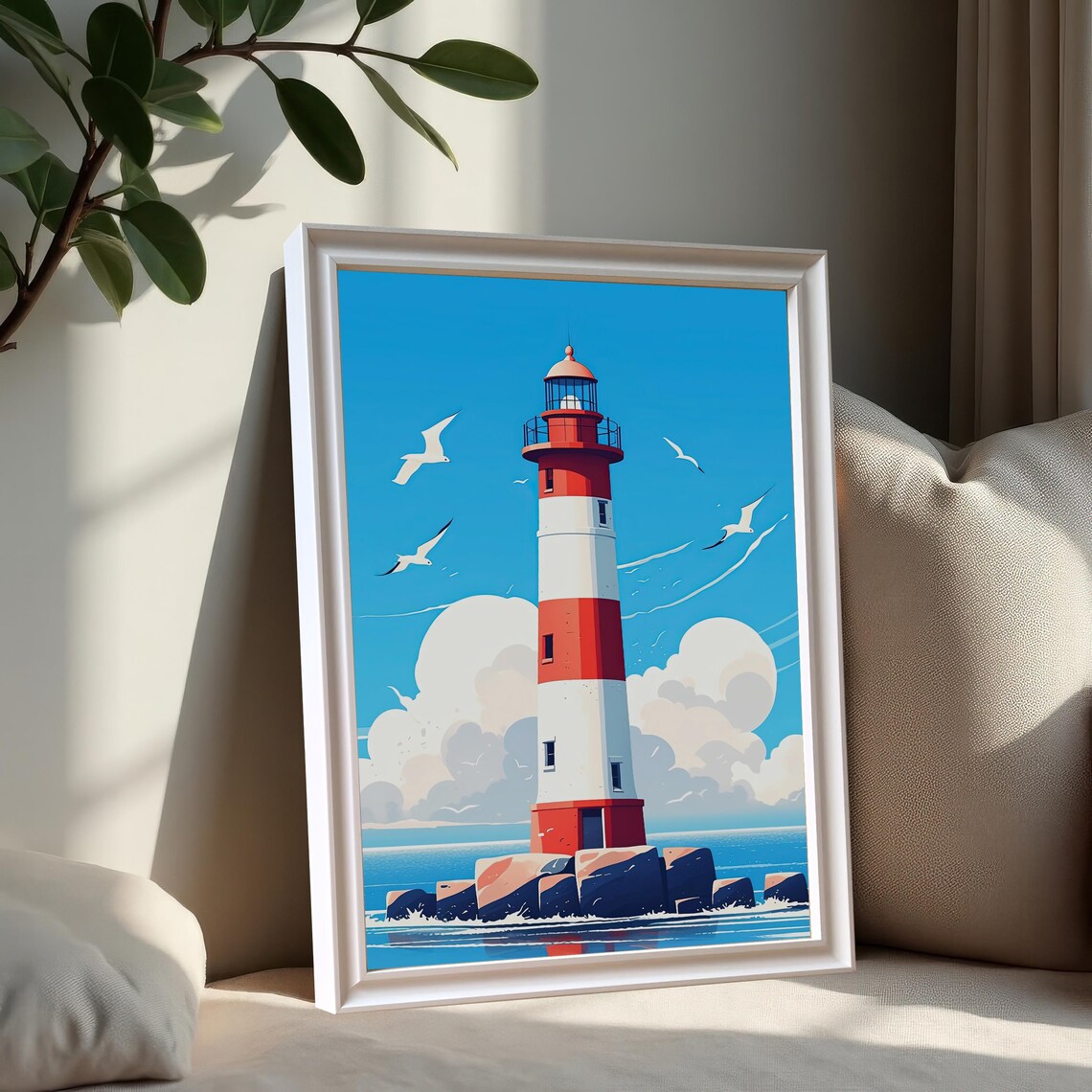 Red And White Lighthouse Coastal Landscape Art Print