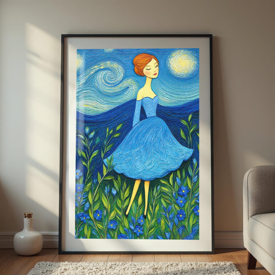 Starry Night Style Woman Art Print, Field Of Flowers