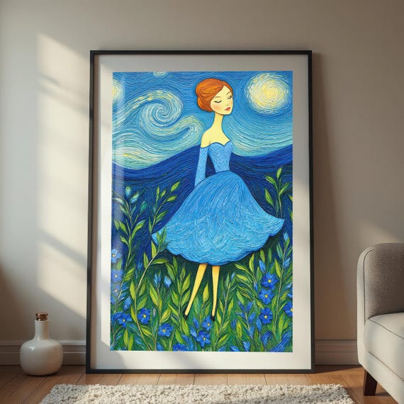 Starry Night Style Woman Art Print, Field Of Flowers