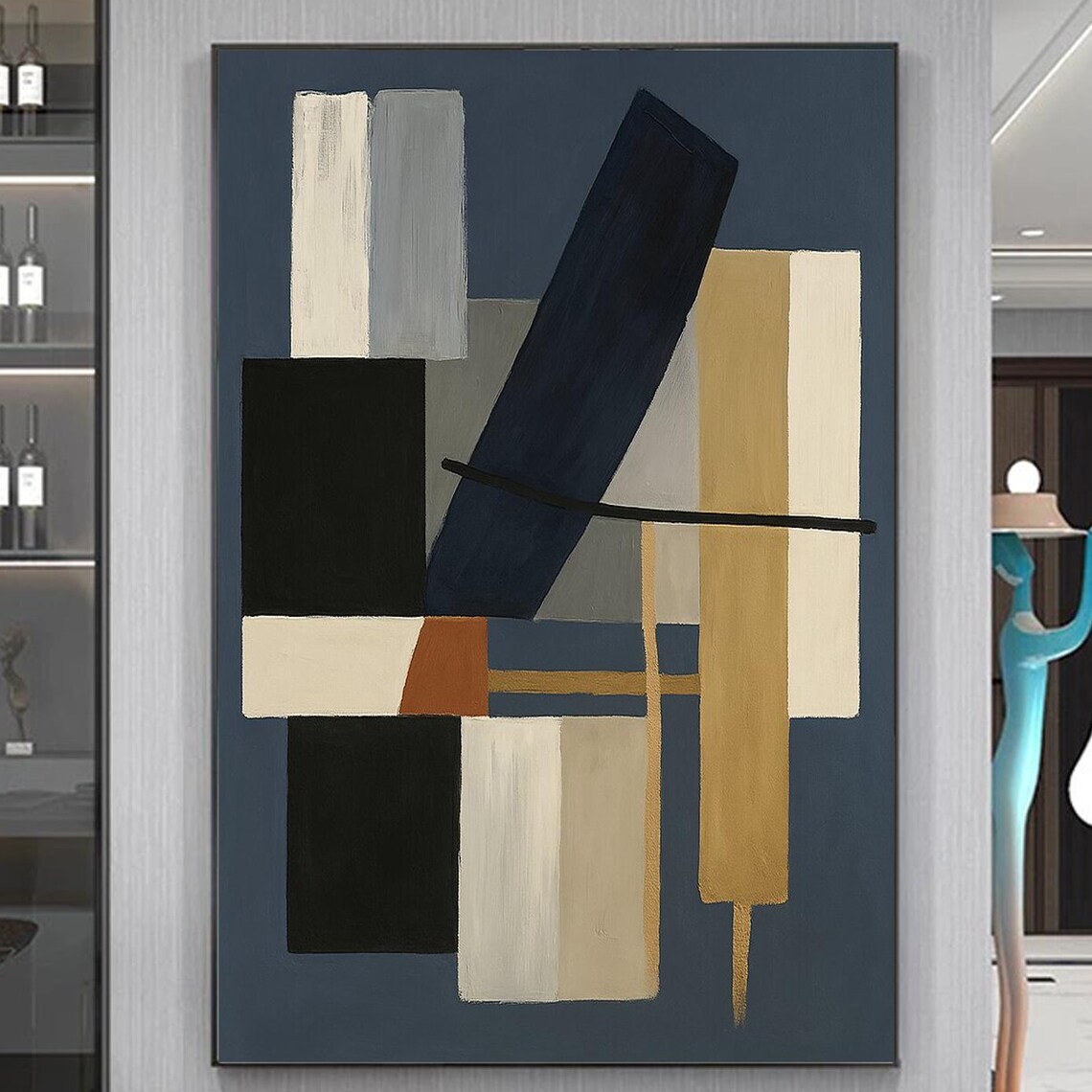 Blue Geometric Abstract Painting, Minimalist Shapes