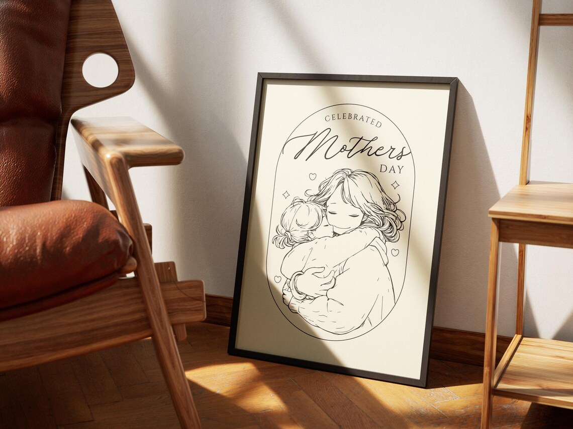 Sweet Celebrated Mothers Day Mom And Daughter Hug Line Art Poster - Image 2