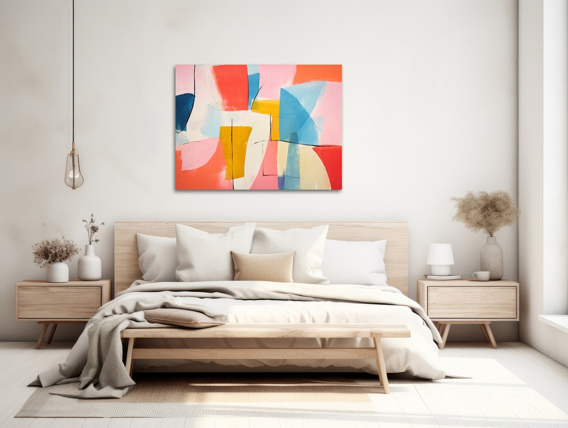 Vibrant Pastel Abstract Painting Coral Pink Teal Mustard Yellow Poster - Image 2