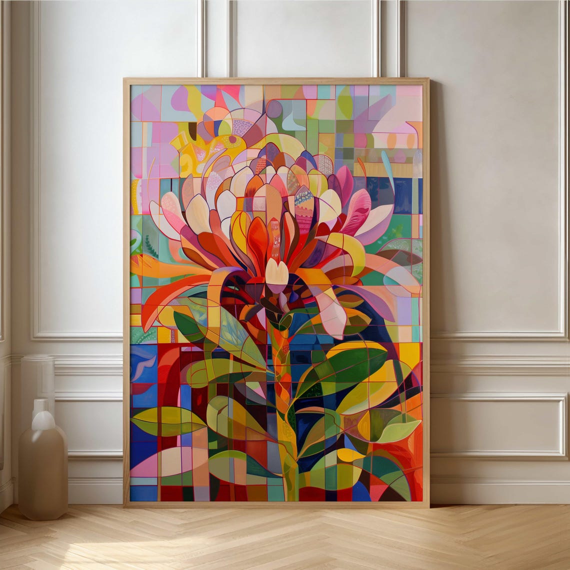 Mosaic Stained Glass Style Protea Flower Colorful Art Poster