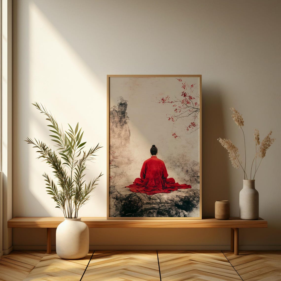 Tranquil Red Cloak Serene Eastern Inspired Wall Art Perfect For Zen And Minimalist Home Decor - Image 3