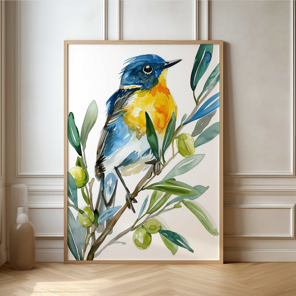 Blue and Yellow Songbird Perched on an Olive Branch Art Poster