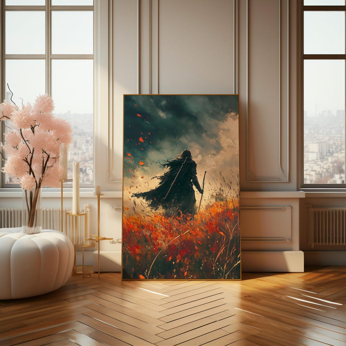 Dark Fantasy Warrior Walking Through Fiery Field Epic Art Poster - Image 4