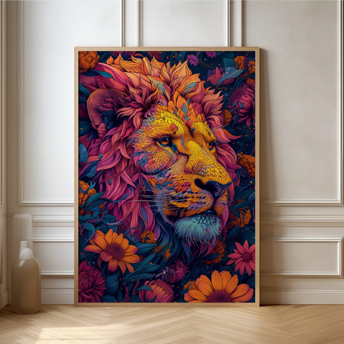 Vibrant Neon Lion With Flowers Bold Modern Jungle Art Poster