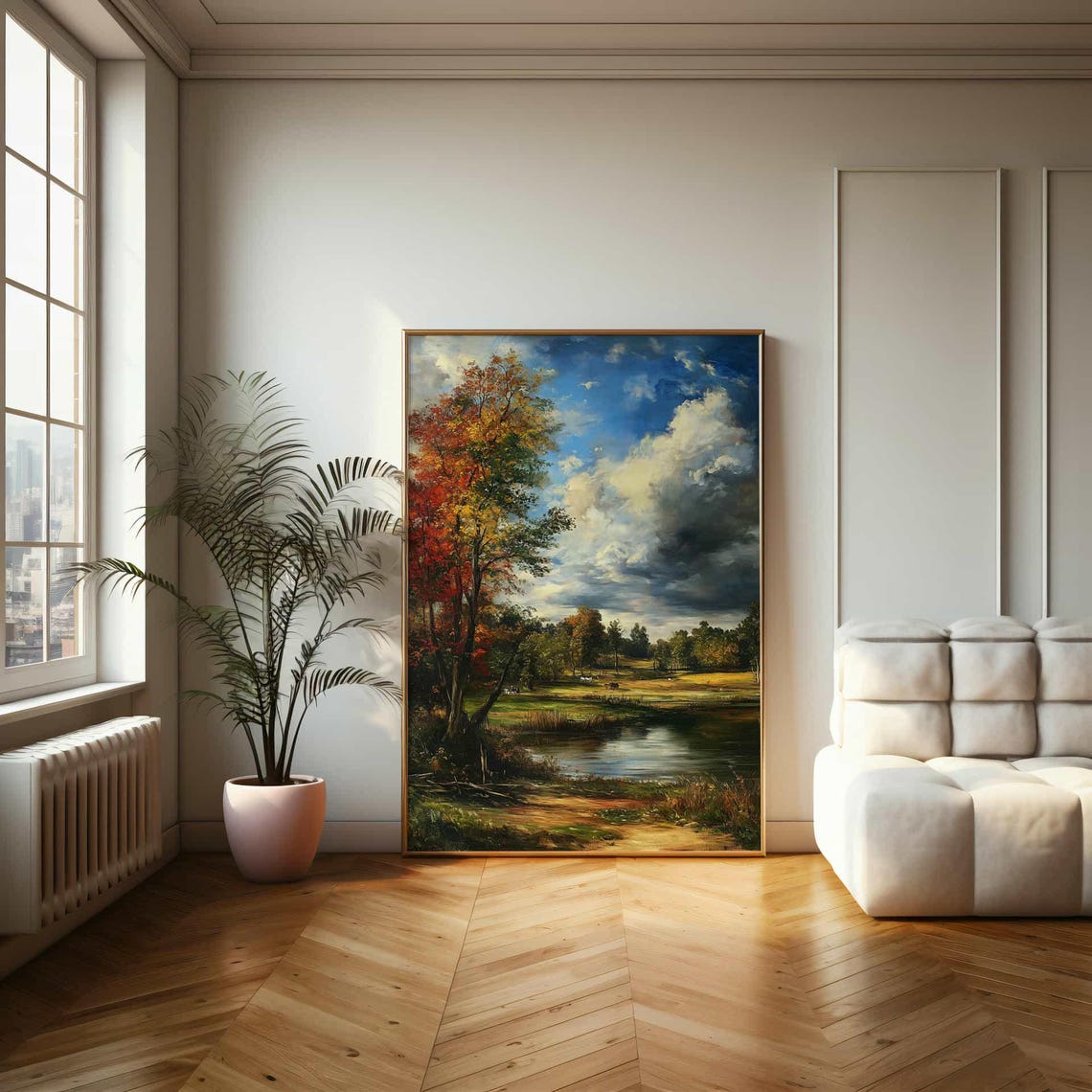 Peaceful Autumn Meadow with Pond and Dramatic Clouds Painting Poster - Image 2