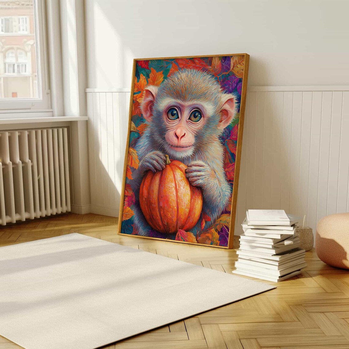 Adorable Baby Monkey Holding a Pumpkin Autumn Leaves Art Poster - Image 5