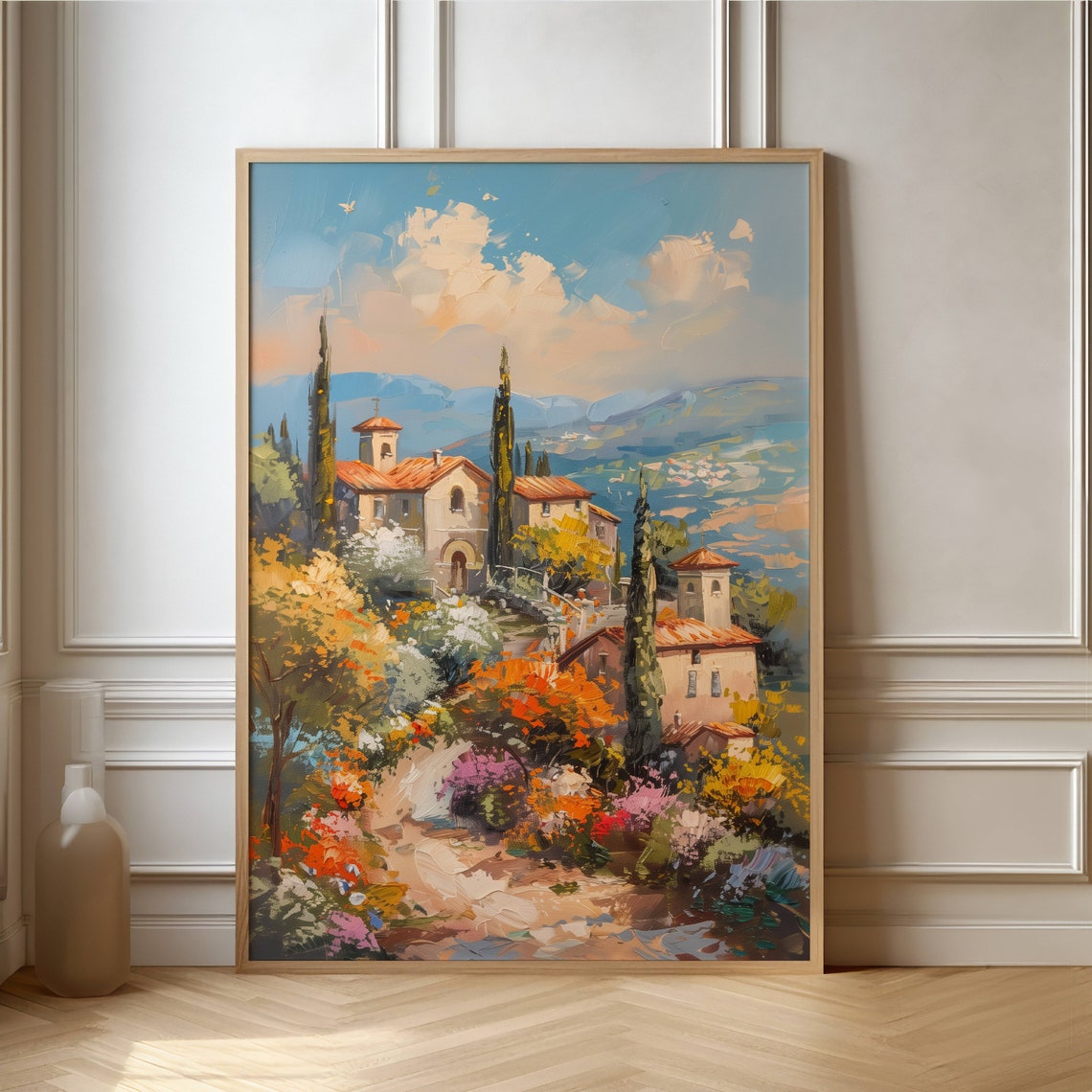 Charming Italian Village With Cypress Trees Tuscan Hills Poster
