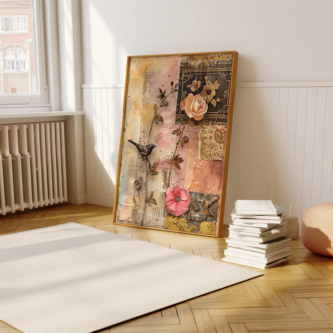 Vintage Bird And Roses Paper Ephemera Shabby Collage Art Poster - Image 5