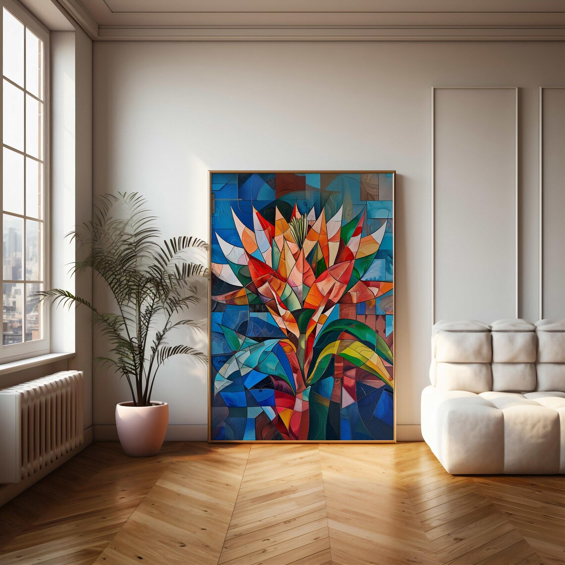 Cubist Geometric Protea Flower Fiery Red Blue Abstract Art Poster - Image 2