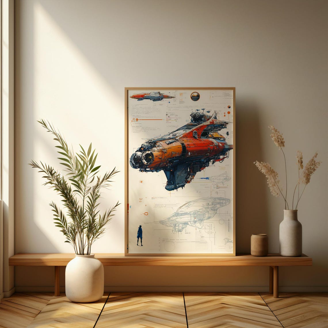 Retro Sci-Fi Spaceship Concept Technical Diagram Illustration Poster - Image 3