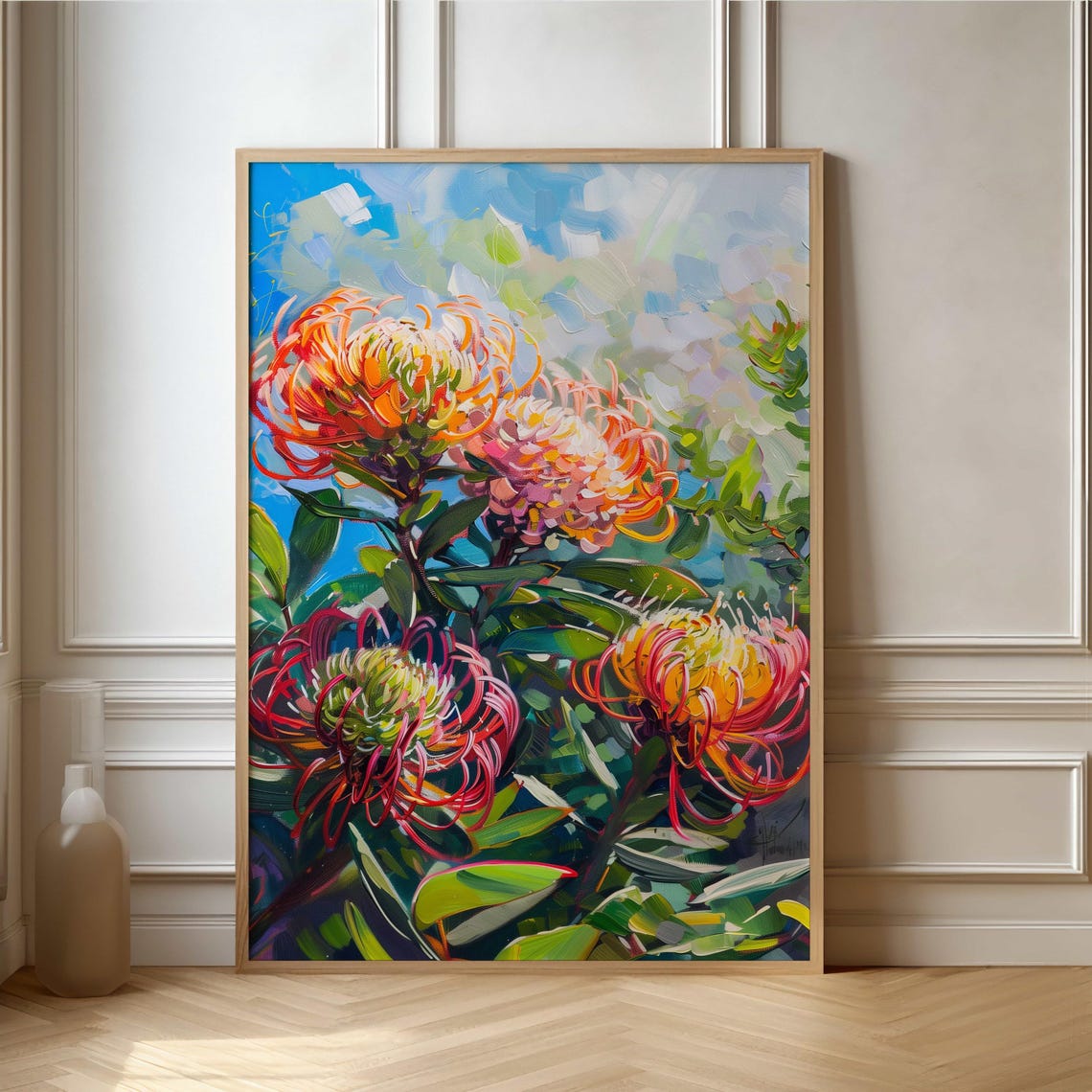 Sunlit Orange Pincushion Protea Impressionist Oil Painting Poster