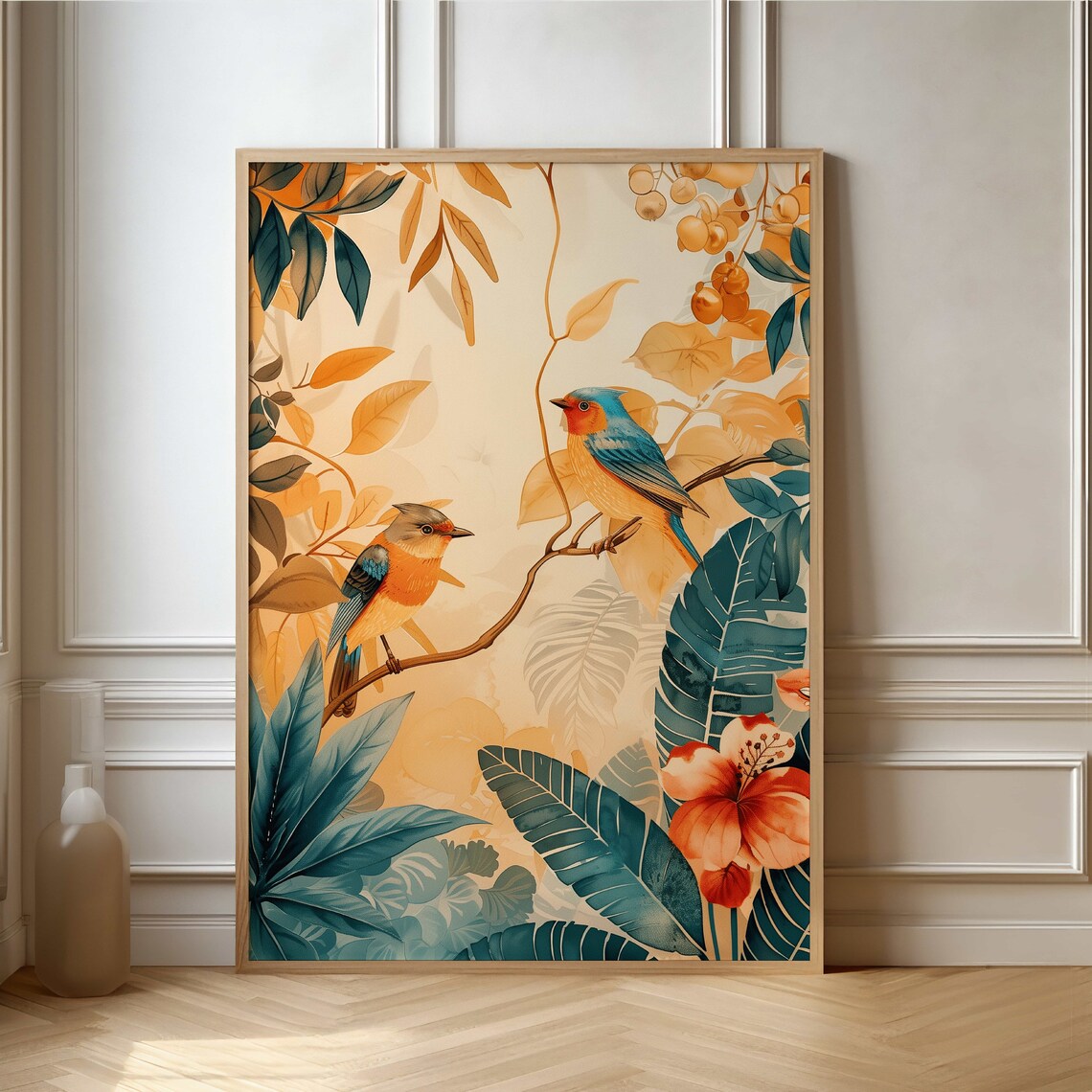 Two Tropical Songbirds on a Branch Botanical Watercolor Wall Art