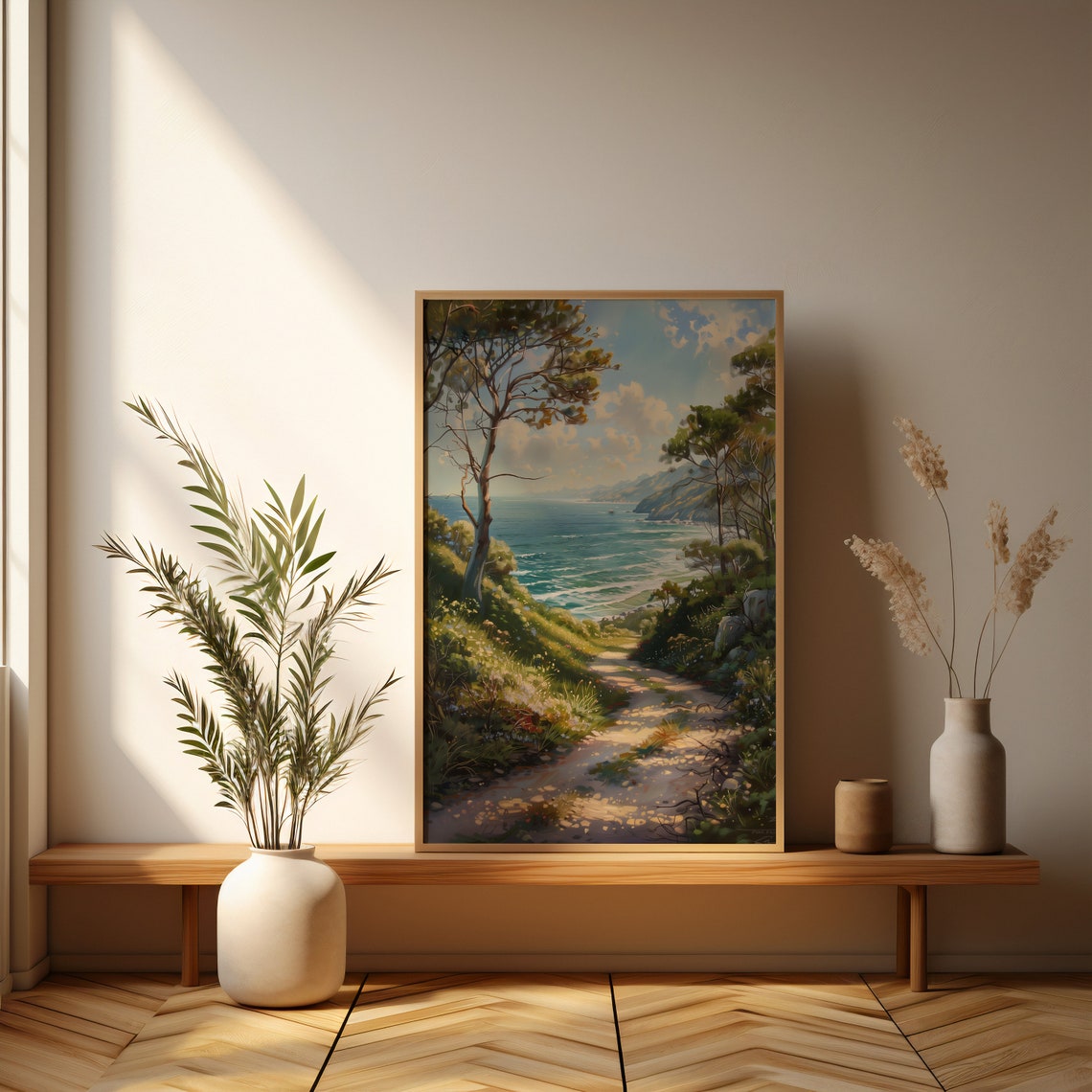 Sunlit Coastal Path Through Pines To The Sea Landscape Poster - Image 3