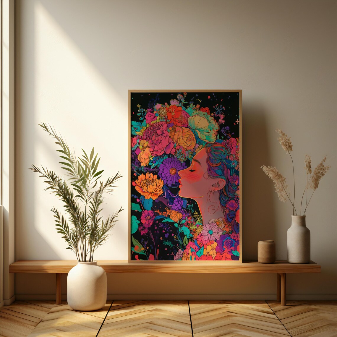 Neon Floral Woman Profile In Vibrant Pop Art Portrait Poster - Image 3