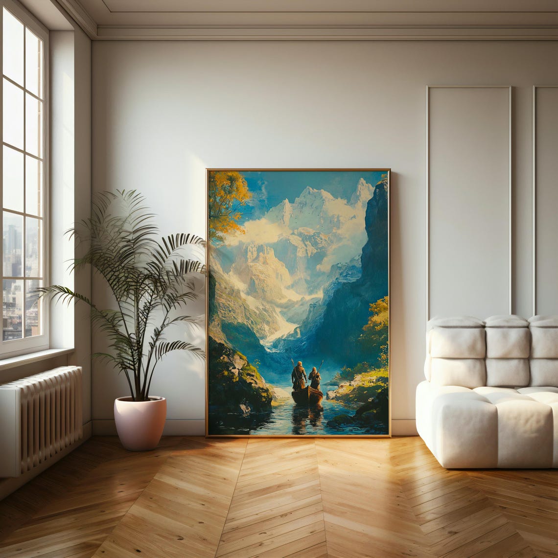 Epic Mountain Valley Boat Journey Fantasy Landscape Wall Art - Image 2