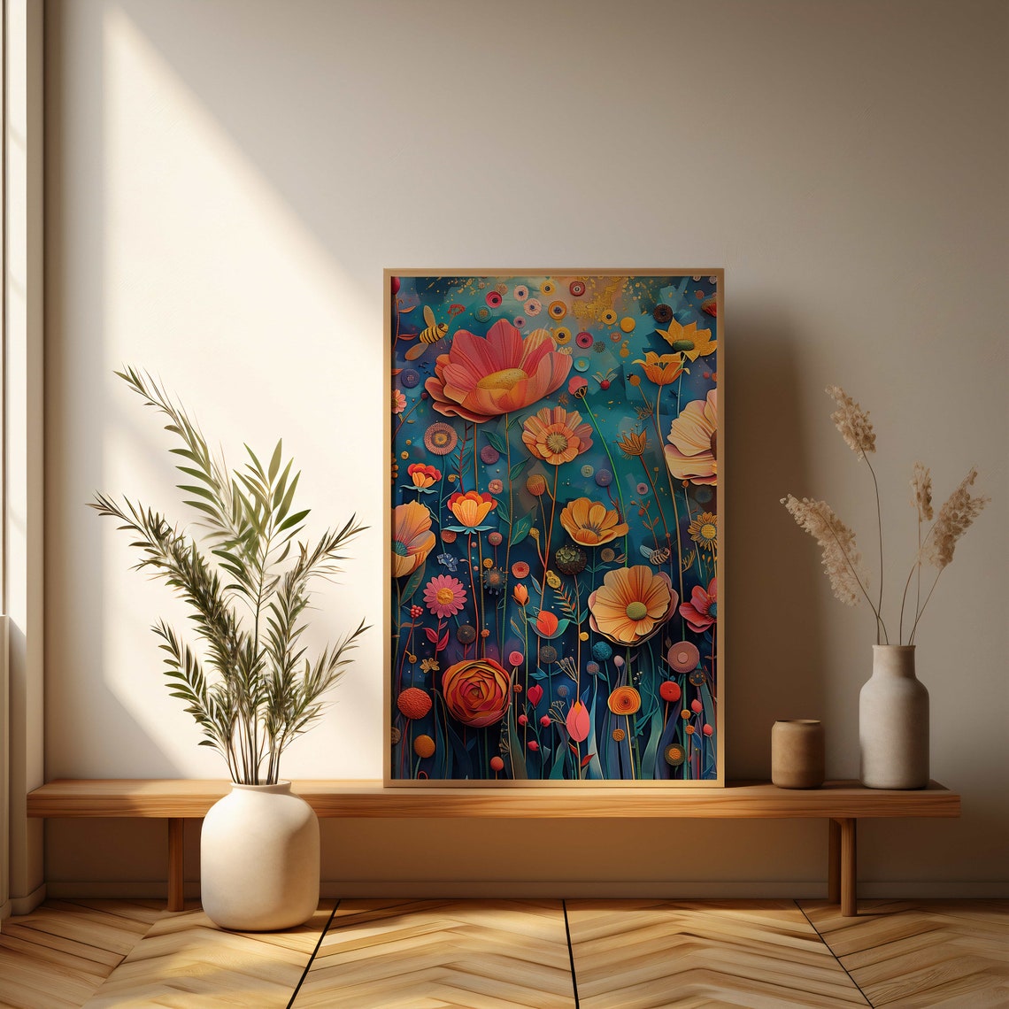 Midnight Blue Fantasy Blooming Flower Garden Mixed Media Art Poster - Image 3