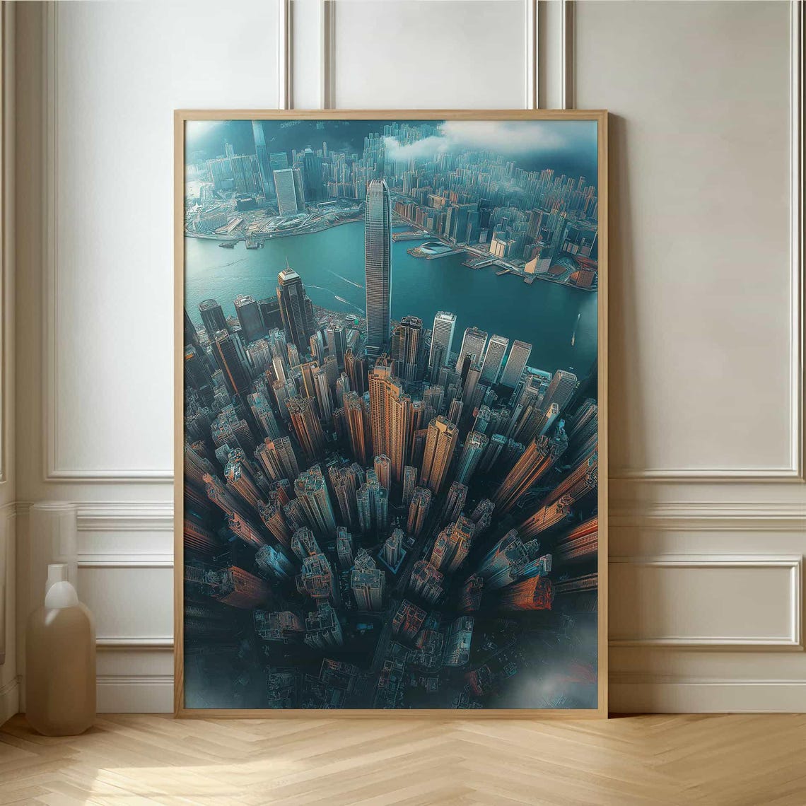 Dramatic Aerial View High Rise City Skyline Harbor Metropolis Poster