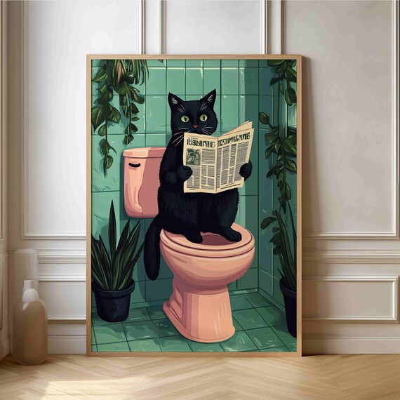 Funny Black Cat Reading Newspaper On Pink Toilet Humor Art Poster