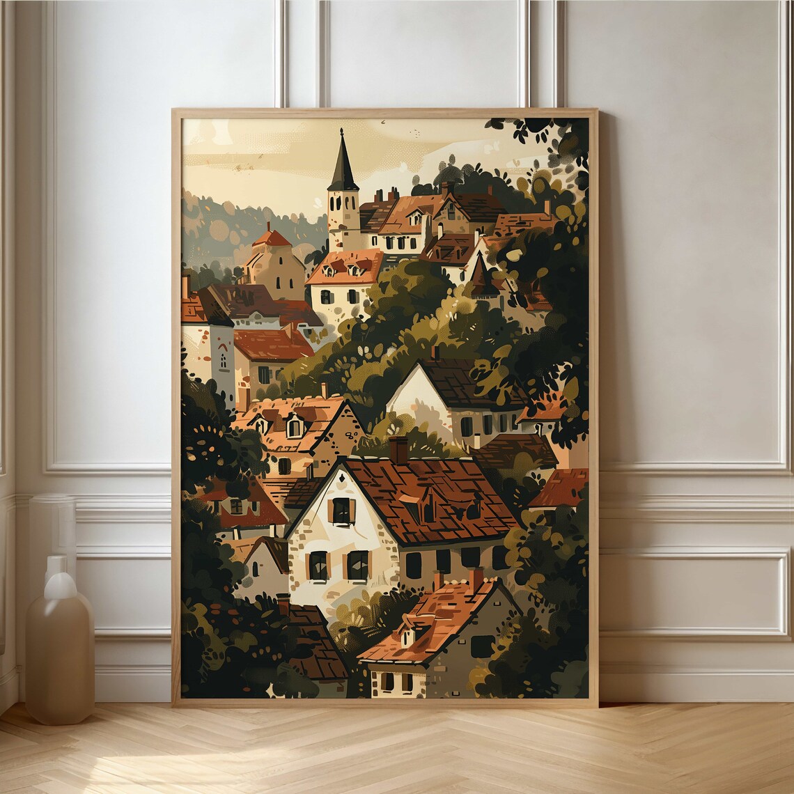 Cozy European Hillside Village Church Steeple Illustration Poster