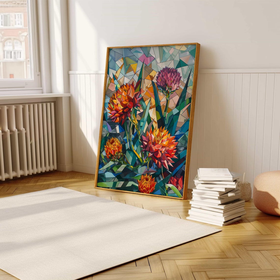 Glowing Stained Glass Protea Flowers Orange Geometric Mosaic Poster - Image 5