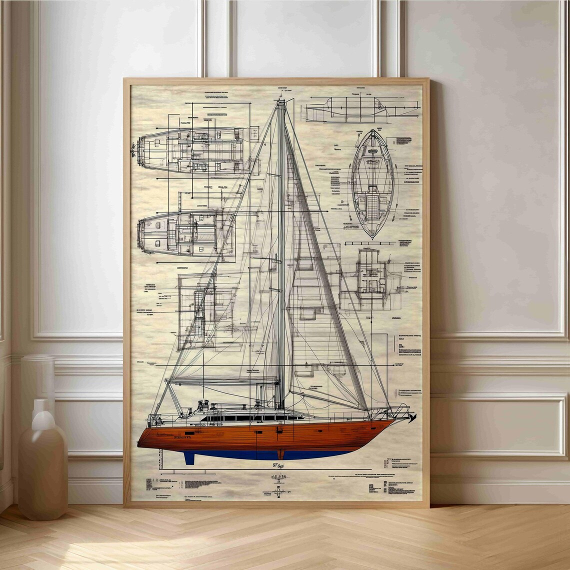 Vintage Sailing Yacht Blueprint, Nautical Wall Art Print