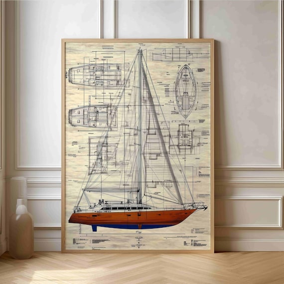 Vintage Sailing Yacht Blueprint, Nautical Wall Art Print
