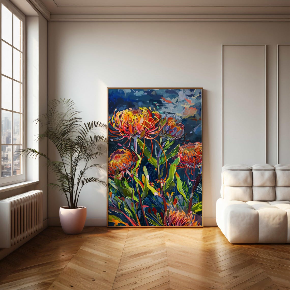 Fiery Protea Pincushion Flowers Night Sky Expressionist Poster - Image 2