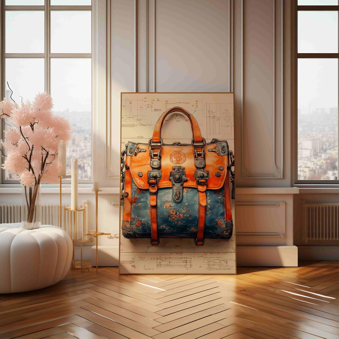 Steampunk Leather Satchel Floral Pattern Blueprint Drawing Wall Print - Image 4