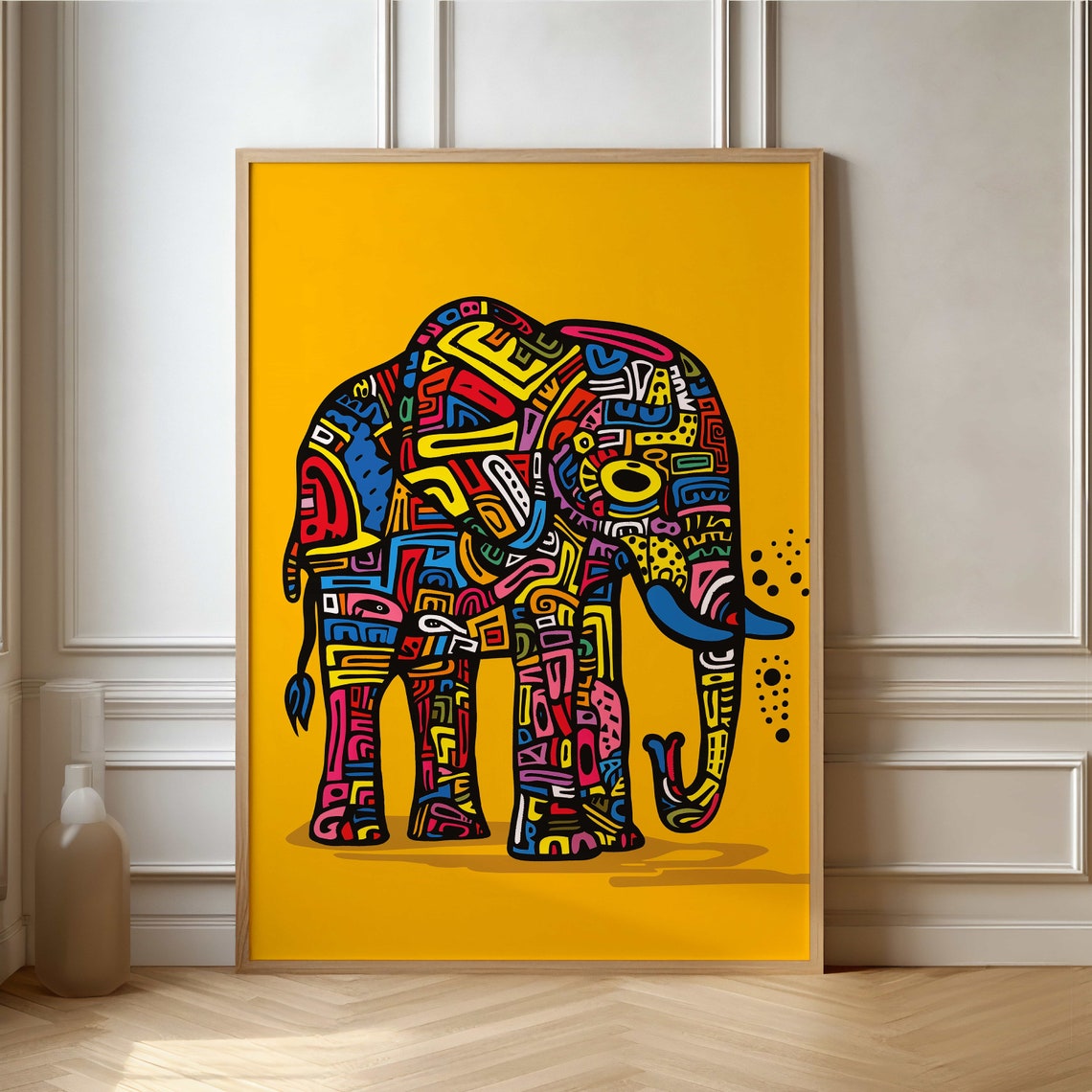 Colorful Patterned Elephant Pop Art on a Yellow Background Poster